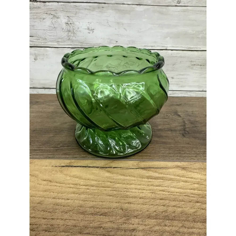 Vintage Emerald Green Glass Thumbprint Pedestal Candy Dish Bowl Planter